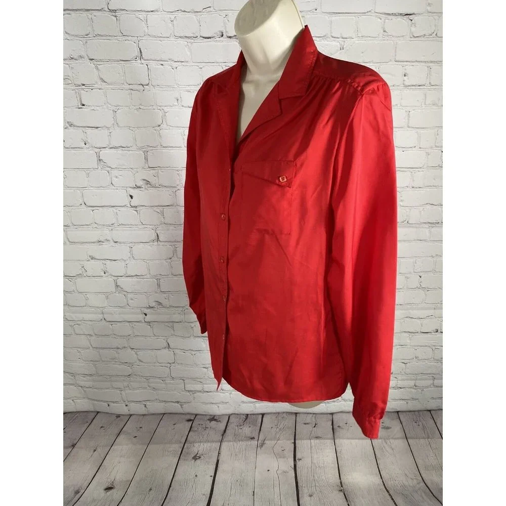 VTG Ship’n Shore Silken Wonder Solid Red Long Sleeve Button Up Blouse 10
